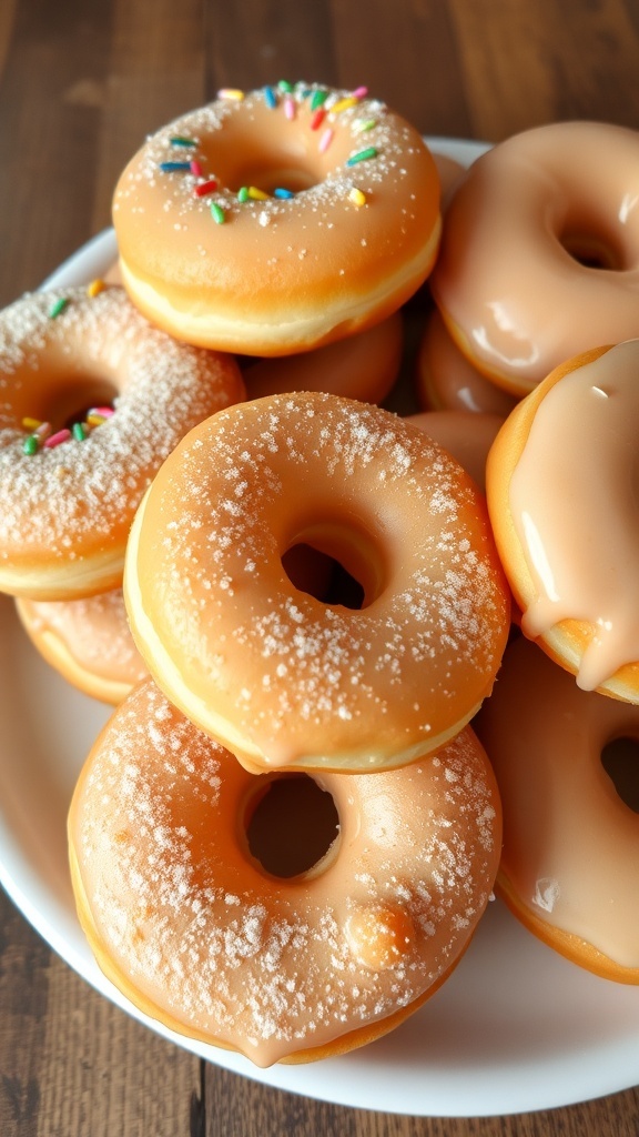Baked Vanilla Donut Recipe A plate of fluffy baked vanilla donuts with powdered sugar and sprinkles on a wooden table.